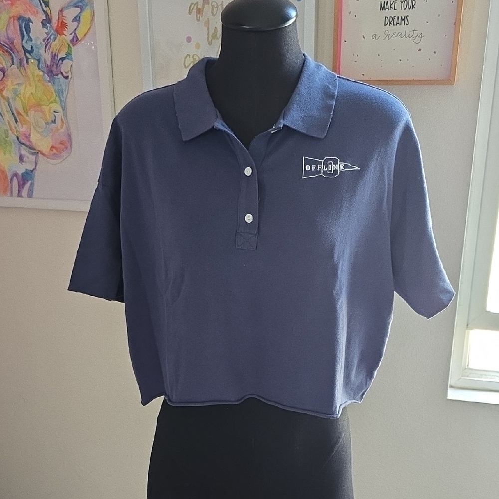 Offline Blue Cropped Polo Button Down Shirt